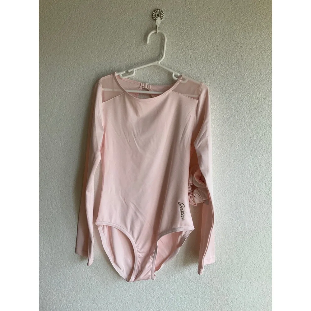 Justice Girls Pink Long Sleeve Leotard with Scrunchie Size L 12/14‎ Mesh Keyhole